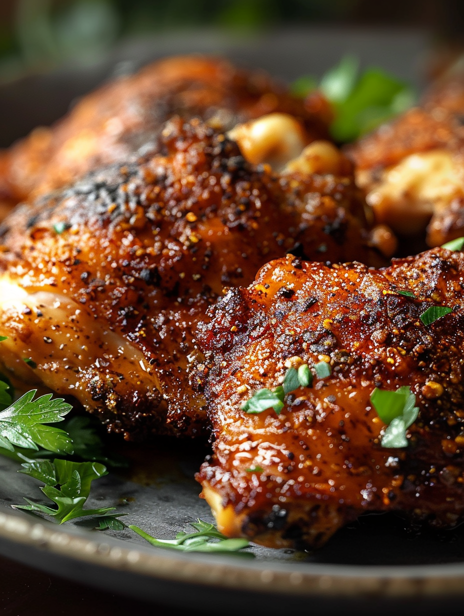 Golden crispy chicken thighs on a wire rack