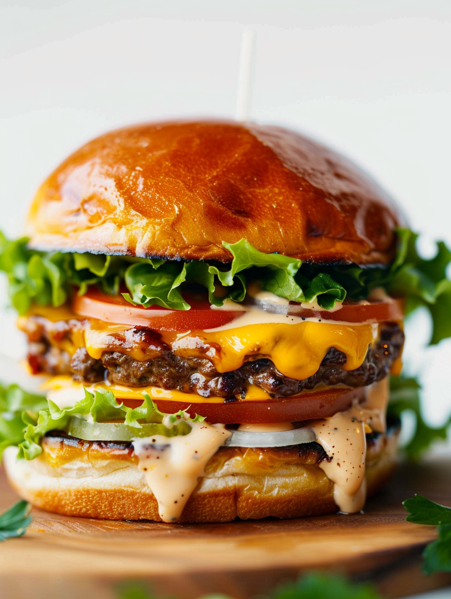 Assembled crack burger on toasted brioche bun with lettuce and tomato