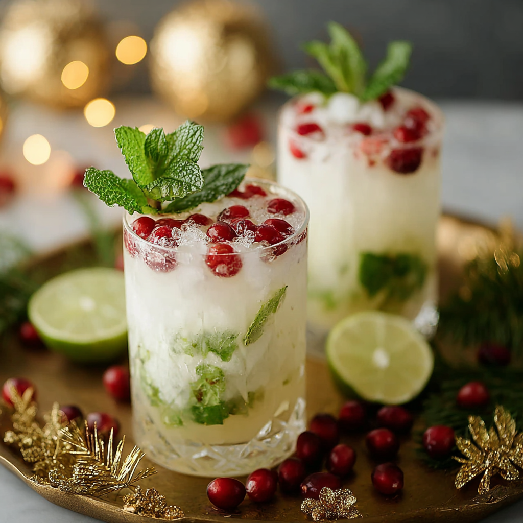 White Christmas Mojitos in glasses with pomegranate arils and mint