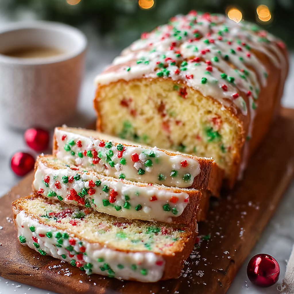 Loaf of Christmas sprinkle buttermilk bread cooling on a rack