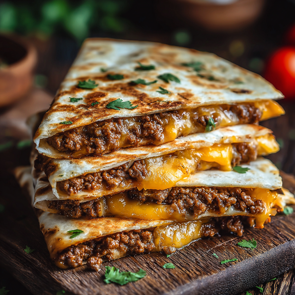 Sliced smashburger quesadilla with pickles