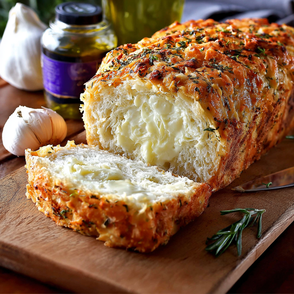 Sliced Italian herb bread showing cheese and herbs