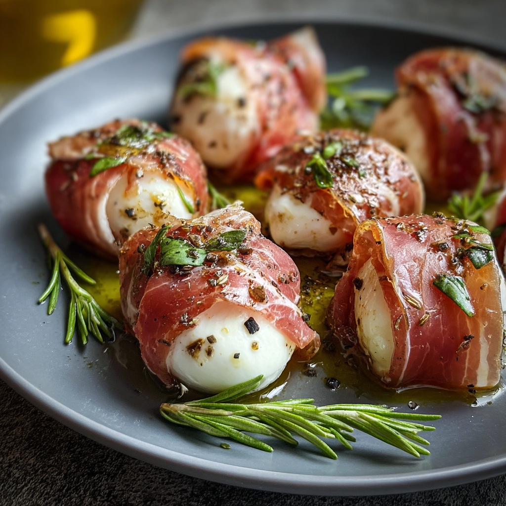 Prosciutto wrapped mozzarella bites on a baking sheet