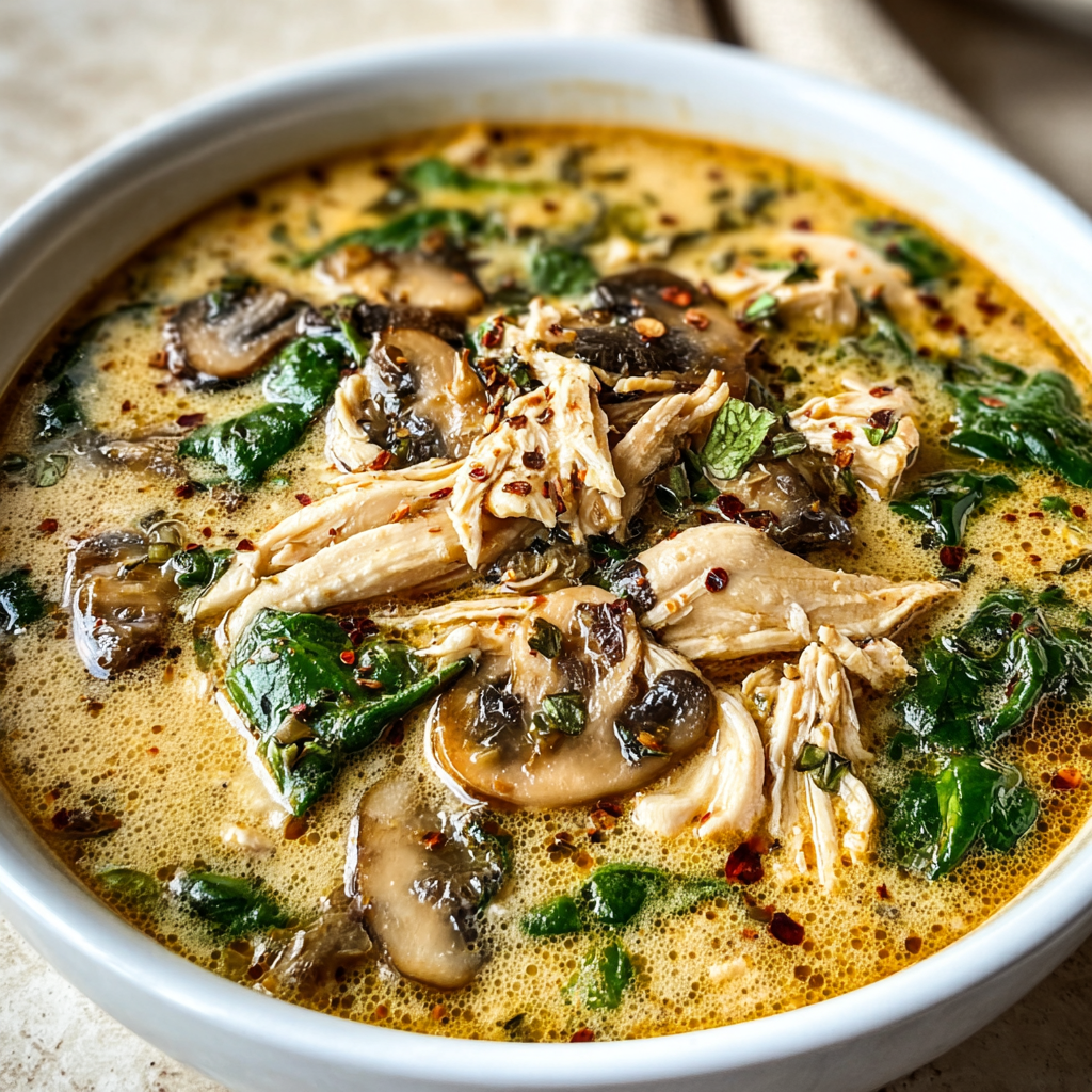 Rotisserie chicken and mushroom soup in a bowl