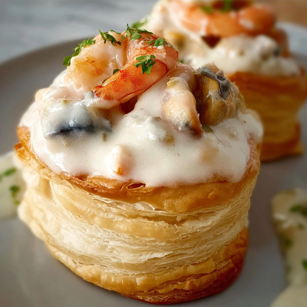 Vol-au-vent aux fruits de mer sur assiette elegante