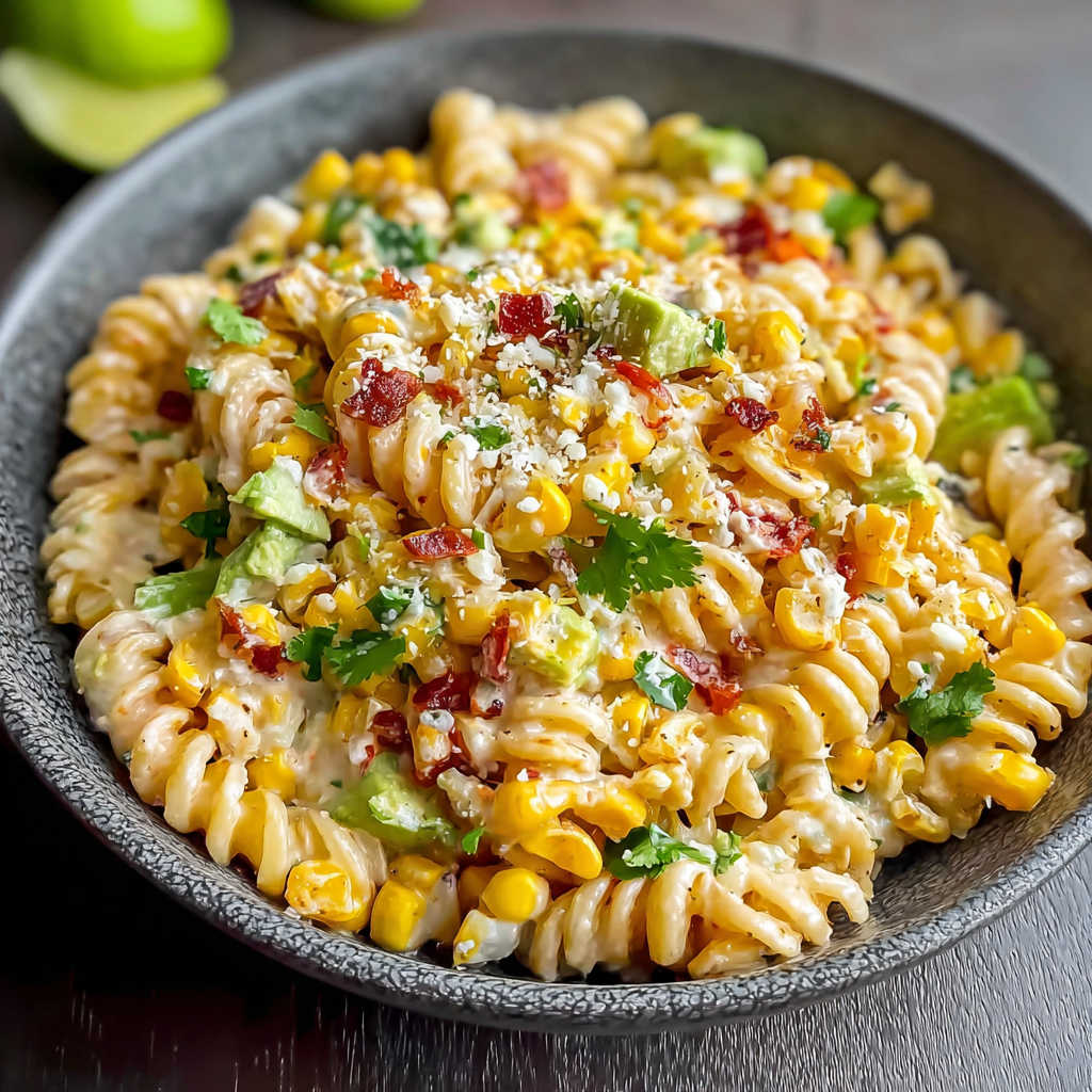 Charred corn and pasta in a skillet