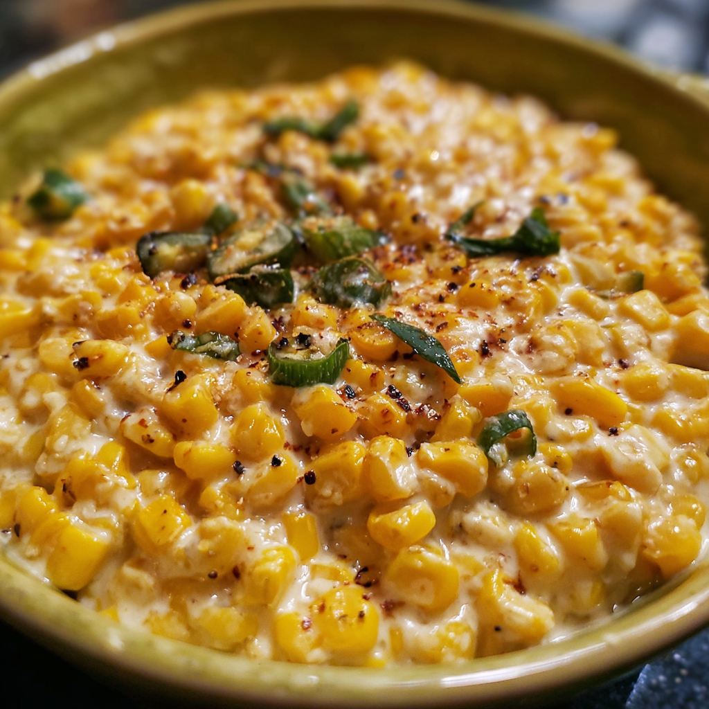 Creamed corn in a skillet with jalapeno