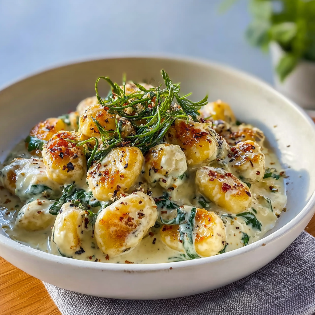 Millionaire gnocchi plated with creamy sauce and parsley