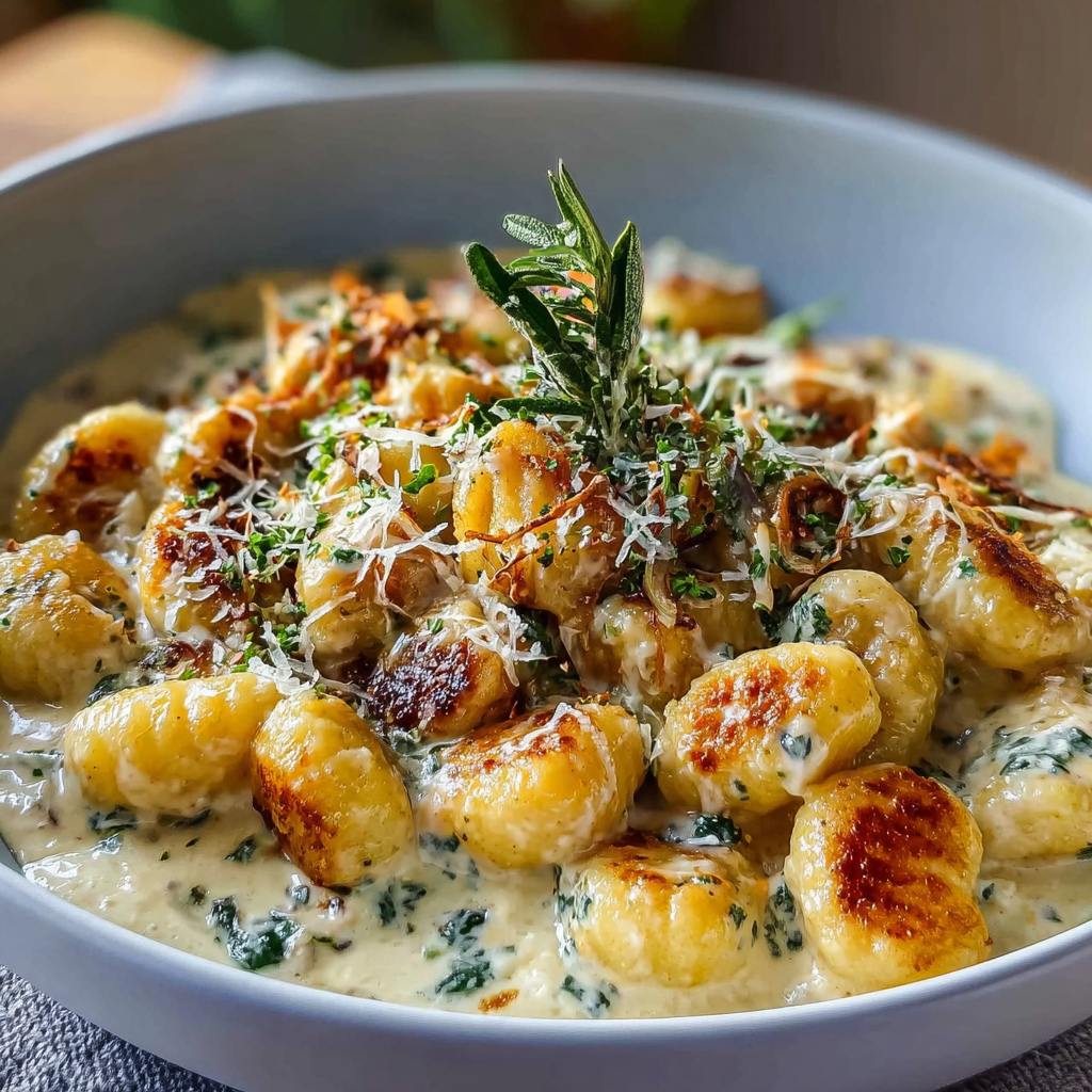 Close-up of creamy gnocchi with parsley garnish
