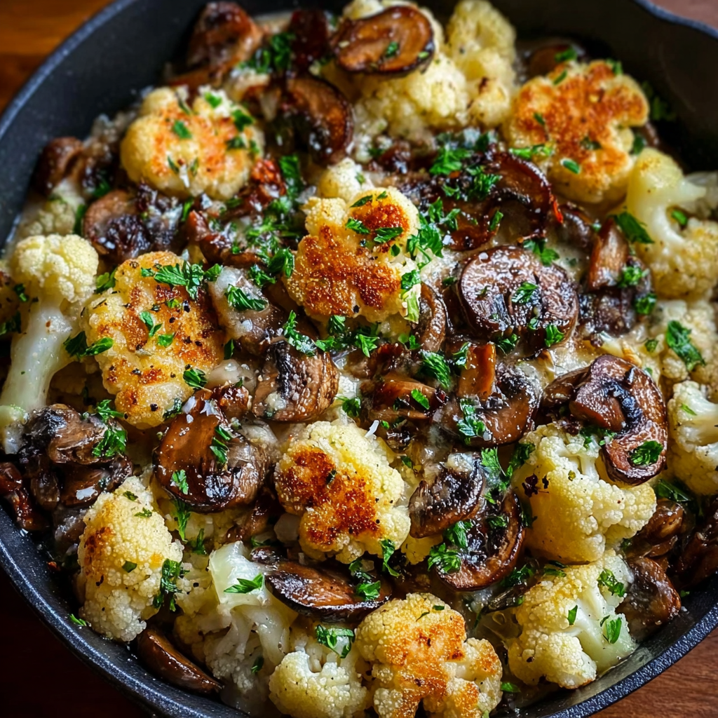 Skillet of cauliflower and mushrooms sizzling