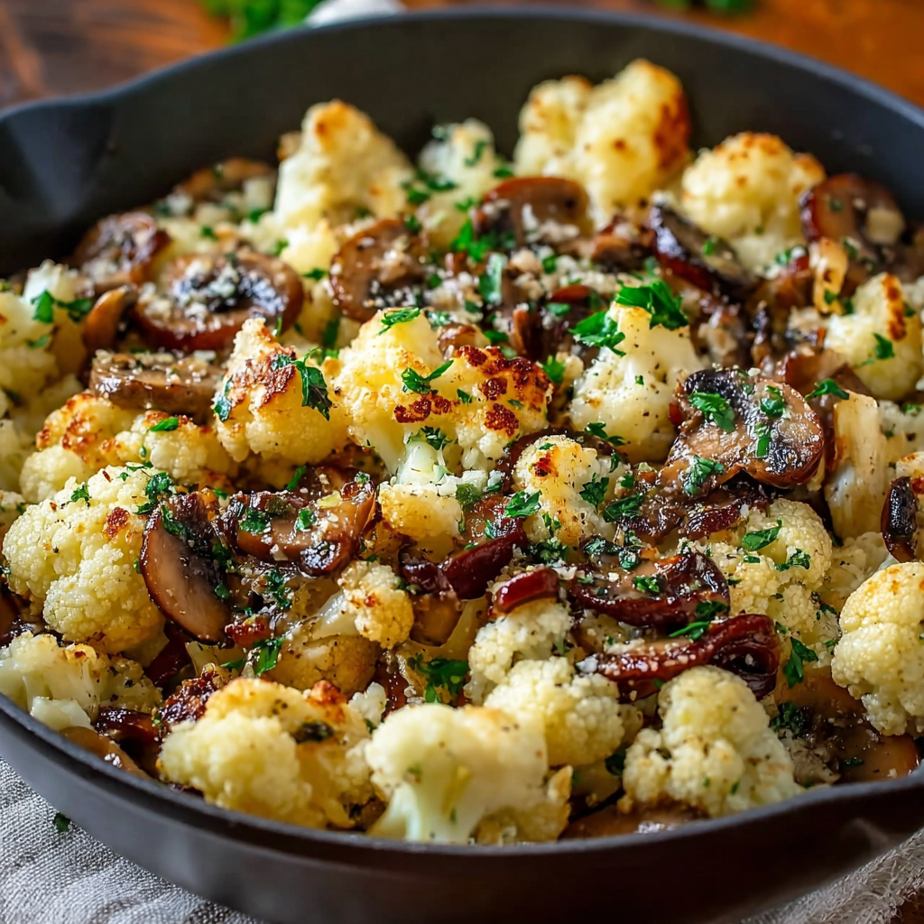 Plated garlic cauliflower and mushrooms with parsley