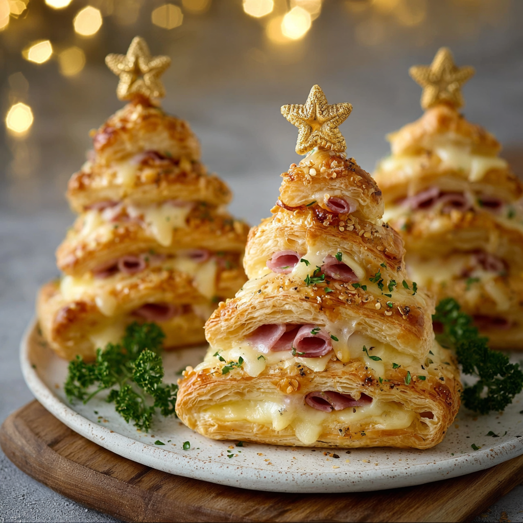 Ham and cheese puff pastry Christmas trees on a baking sheet