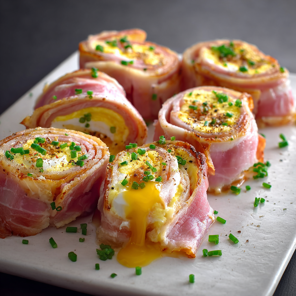 Close up of ham rolls with creamy mimosa filling