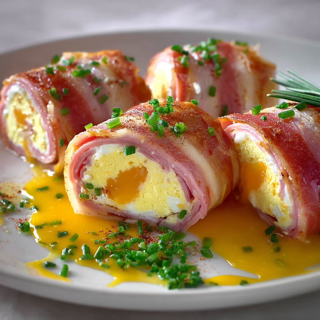 Platter of ham rolls garnished with chopped chives