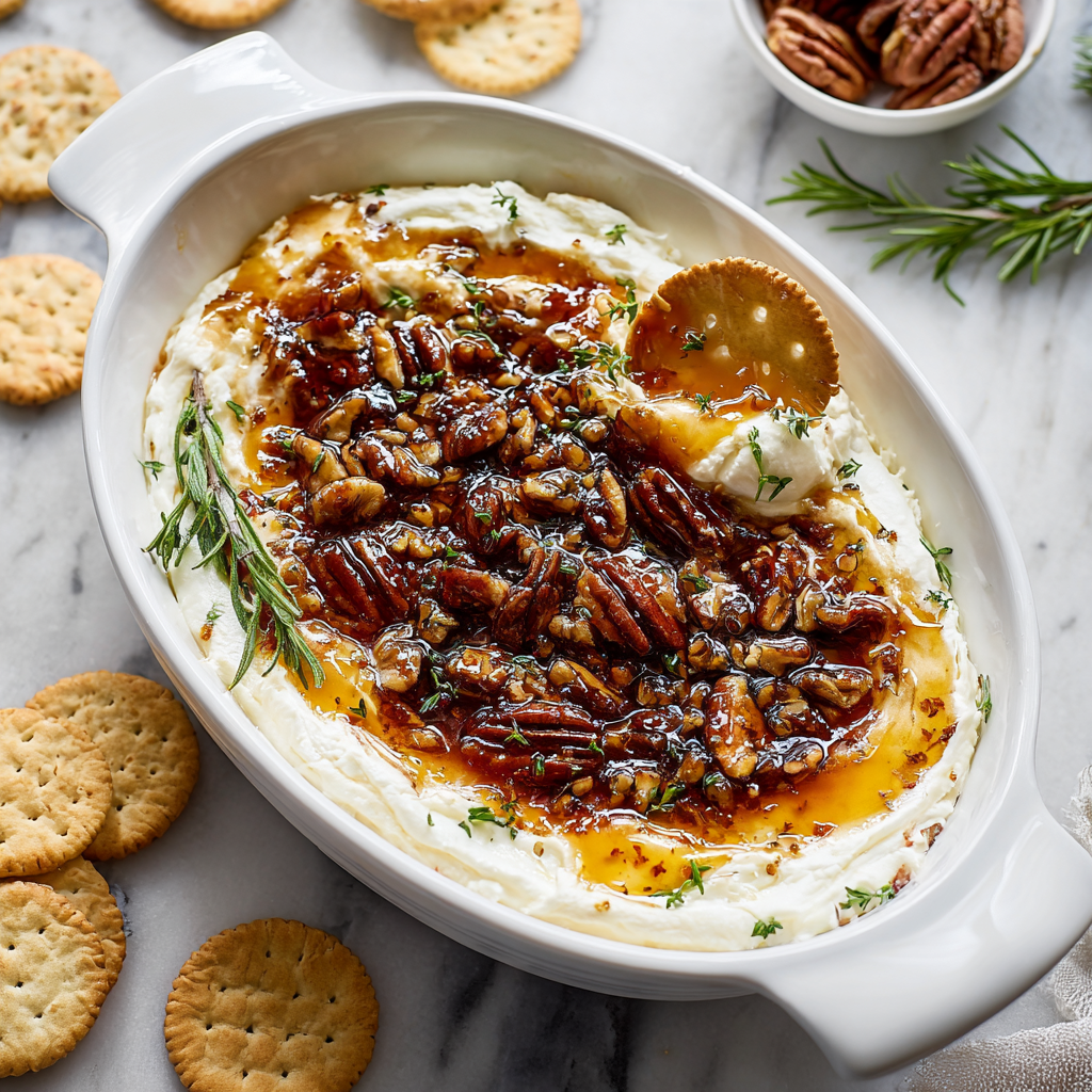 Toasted pecans and fresh herbs ready to top baked cheese