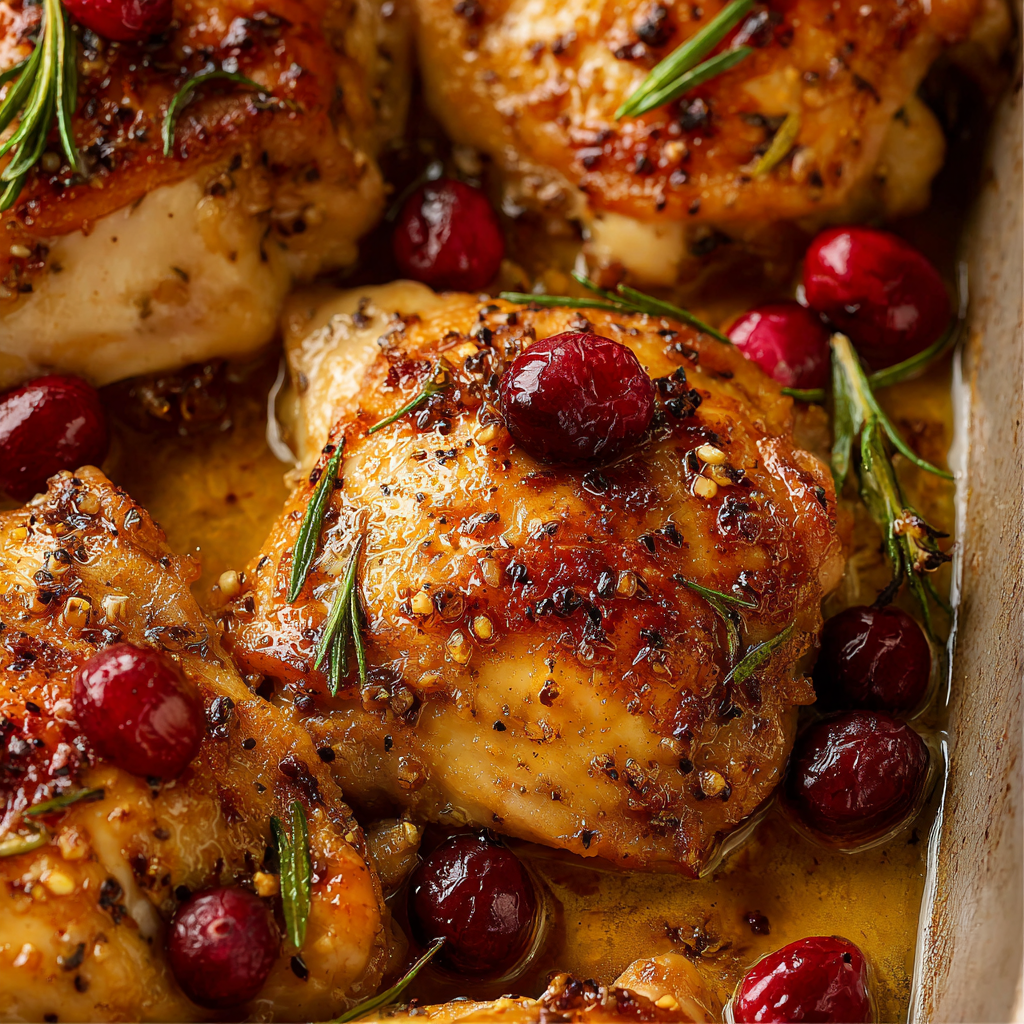 Cranberry rosemary chicken in baking dish