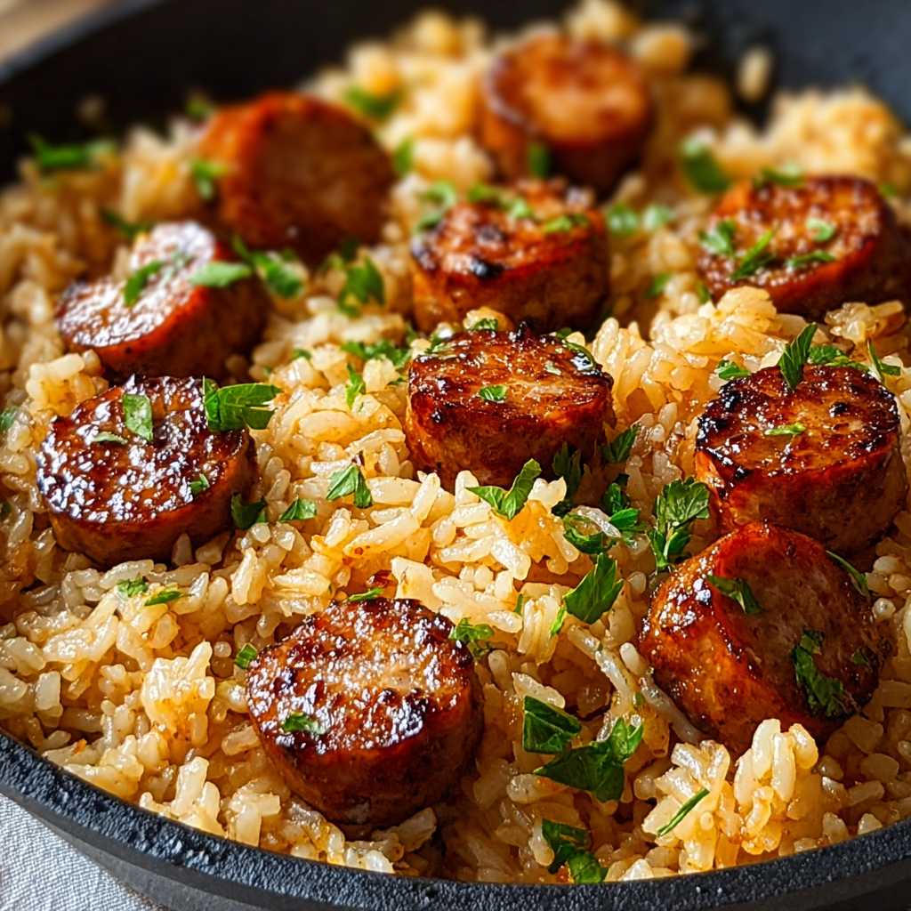 Sausage and rice cooking in a skillet
