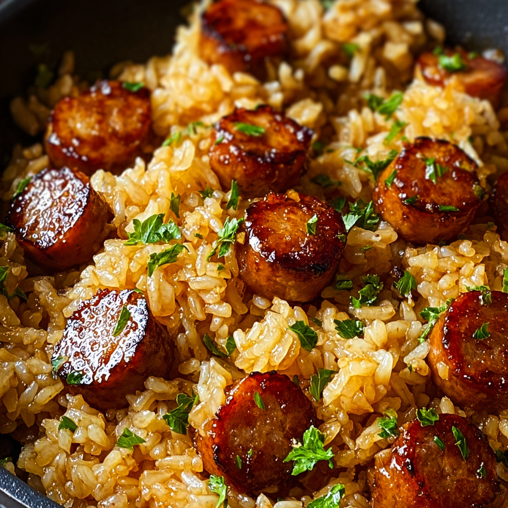 Plated Cajun honey garlic sausage and rice