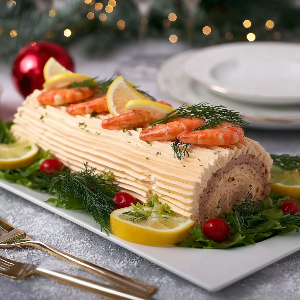 Bûche Salée de Noël aux Crevettes & Saumon Fumé