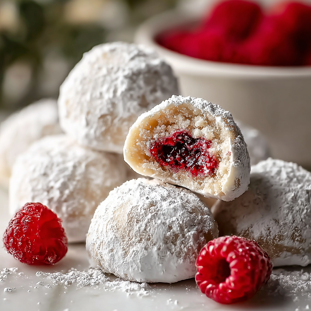 Raspberry almond snowball cookies on parchment