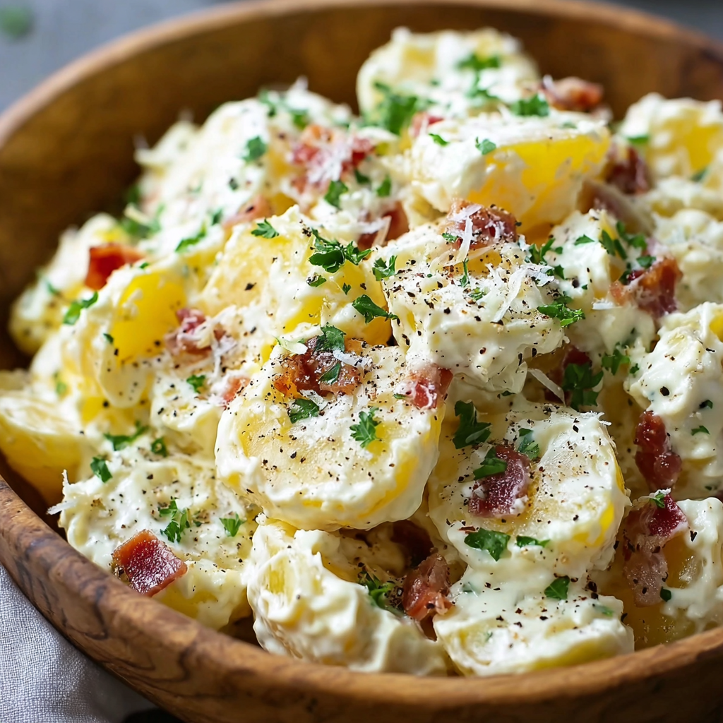 Pommes de terre façon carbonara dans une poêle, garnies de ciboulette
