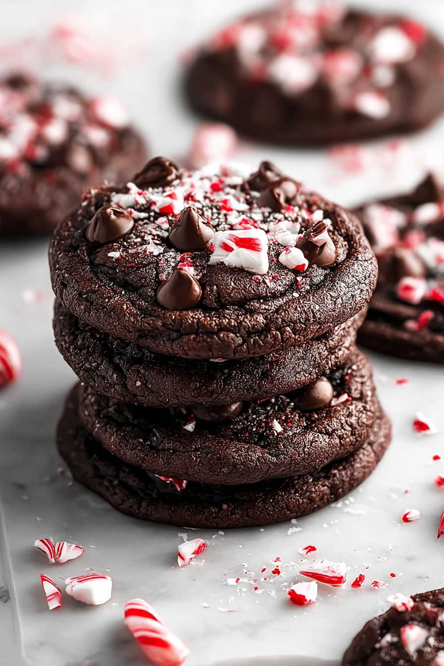 Tray of double chocolate peppermint cookies fresh from the oven