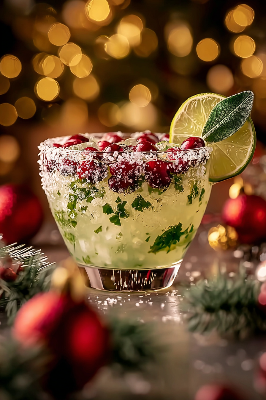 Mistletoe Margarita in a glass with cranberry garnish