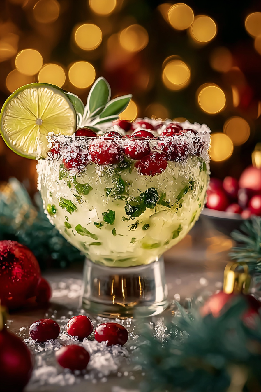 Close-up of cranberry garnish and lime wedge on a cocktail glass