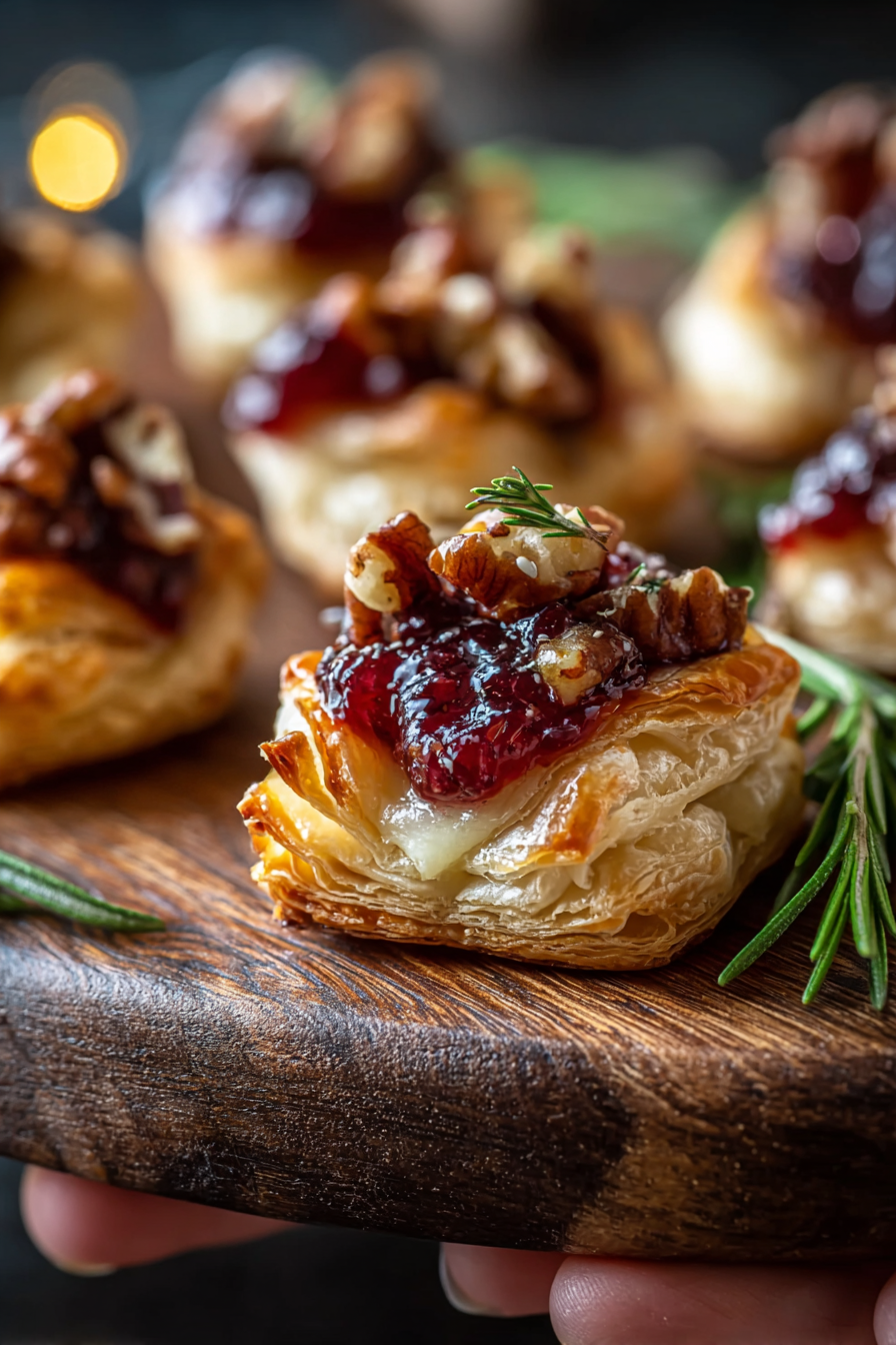 Close up of a cranberry brie bite with rosemary