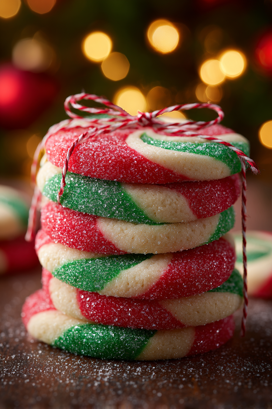 Red and green pinwheel cookie slices on parchment