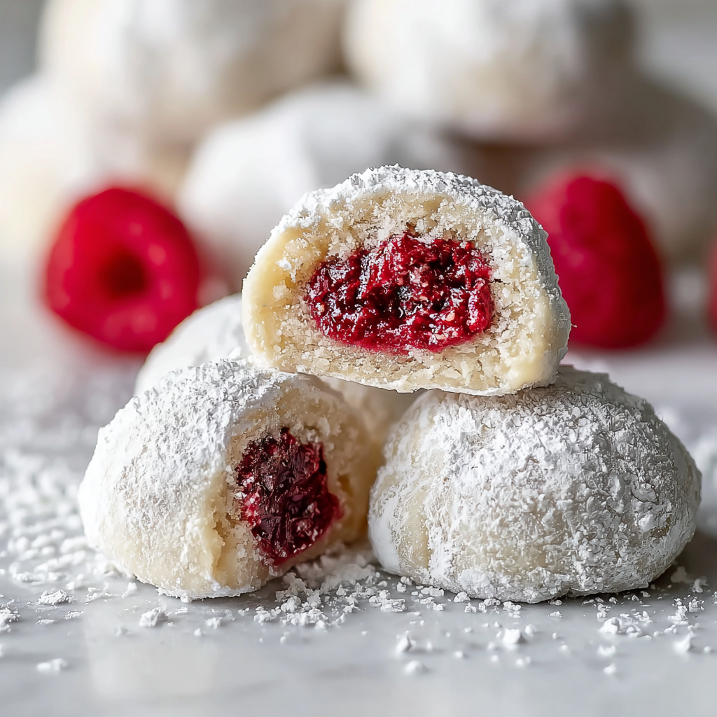 Raspberry Almond Snowball Cookies close-up