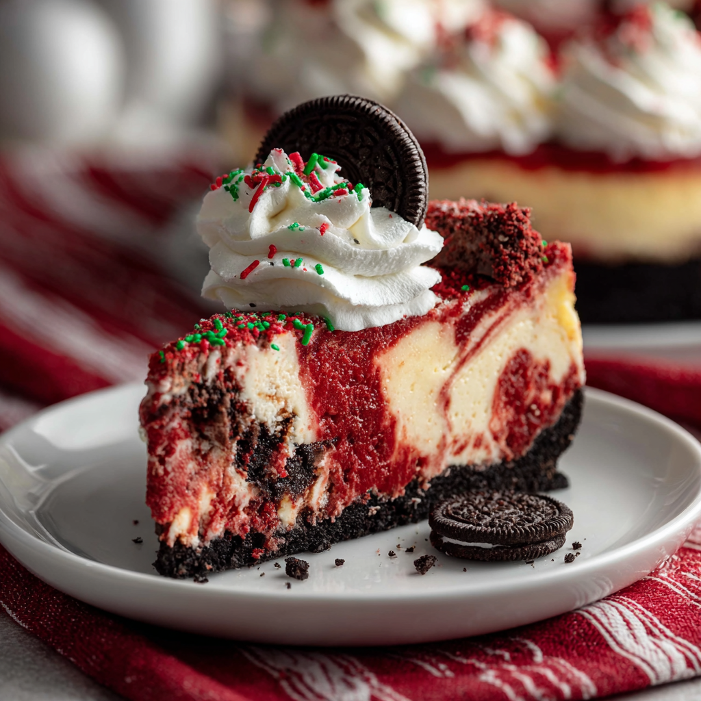 Christmas red velvet cheesecake on a serving plate
