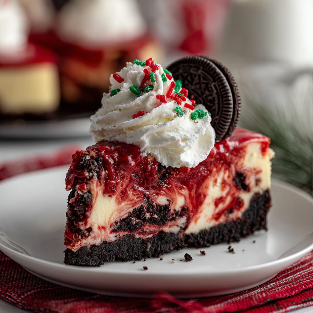 Slice of red velvet cheesecake with sprinkles and mini cookies