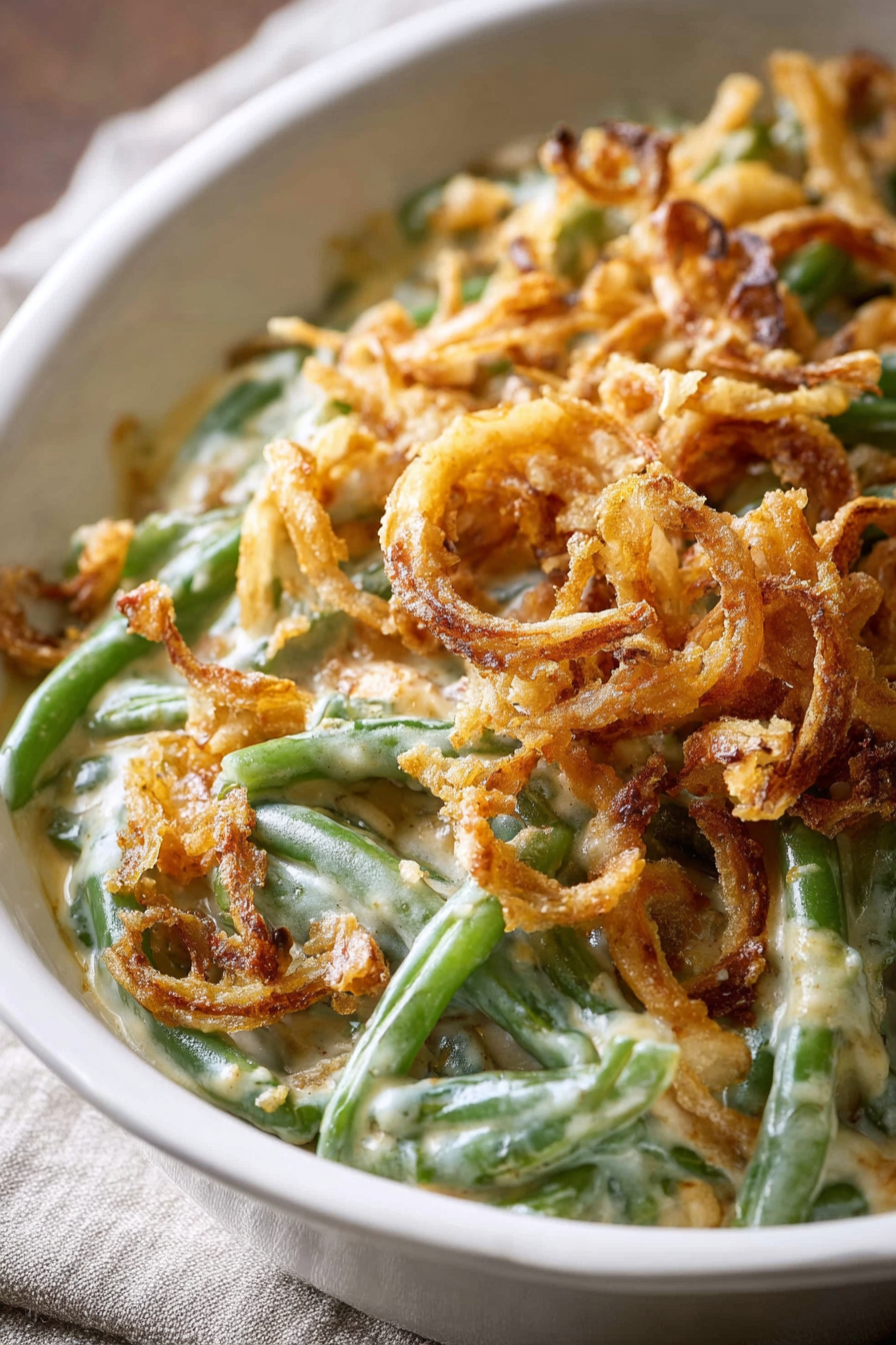 Green bean casserole in a baking dish with crispy fried onions on top