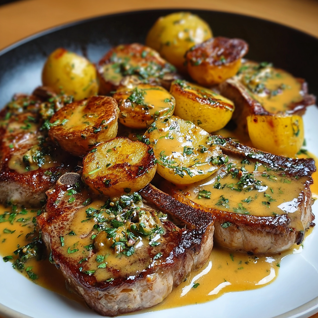 Côtelettes de porc, pommes de terre et sauce crémeuse au thym