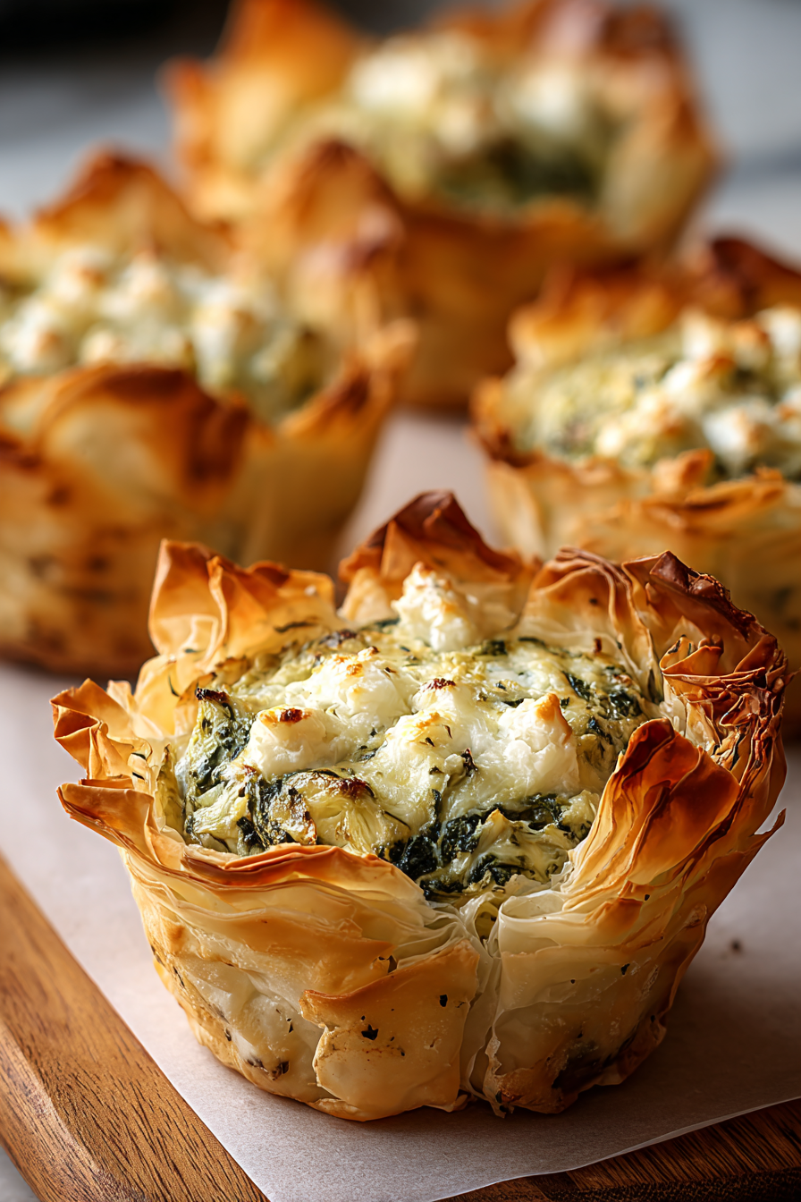Spinach and artichoke dip cups baking in muffin tin