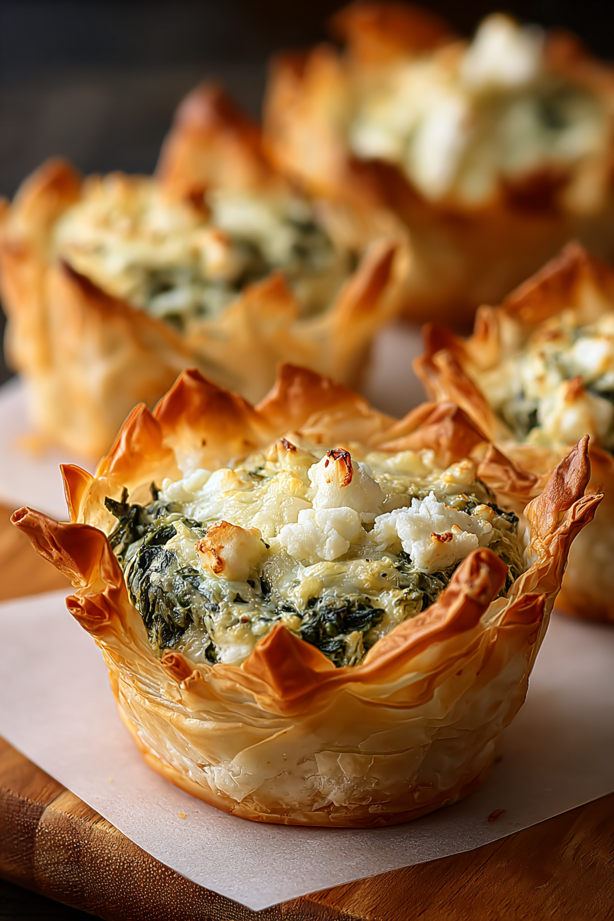 Close-up of filled phyllo cups with golden tops