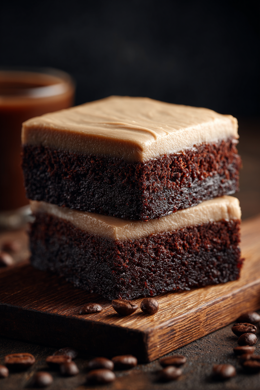 Frosted coffee brownies on a wire rack
