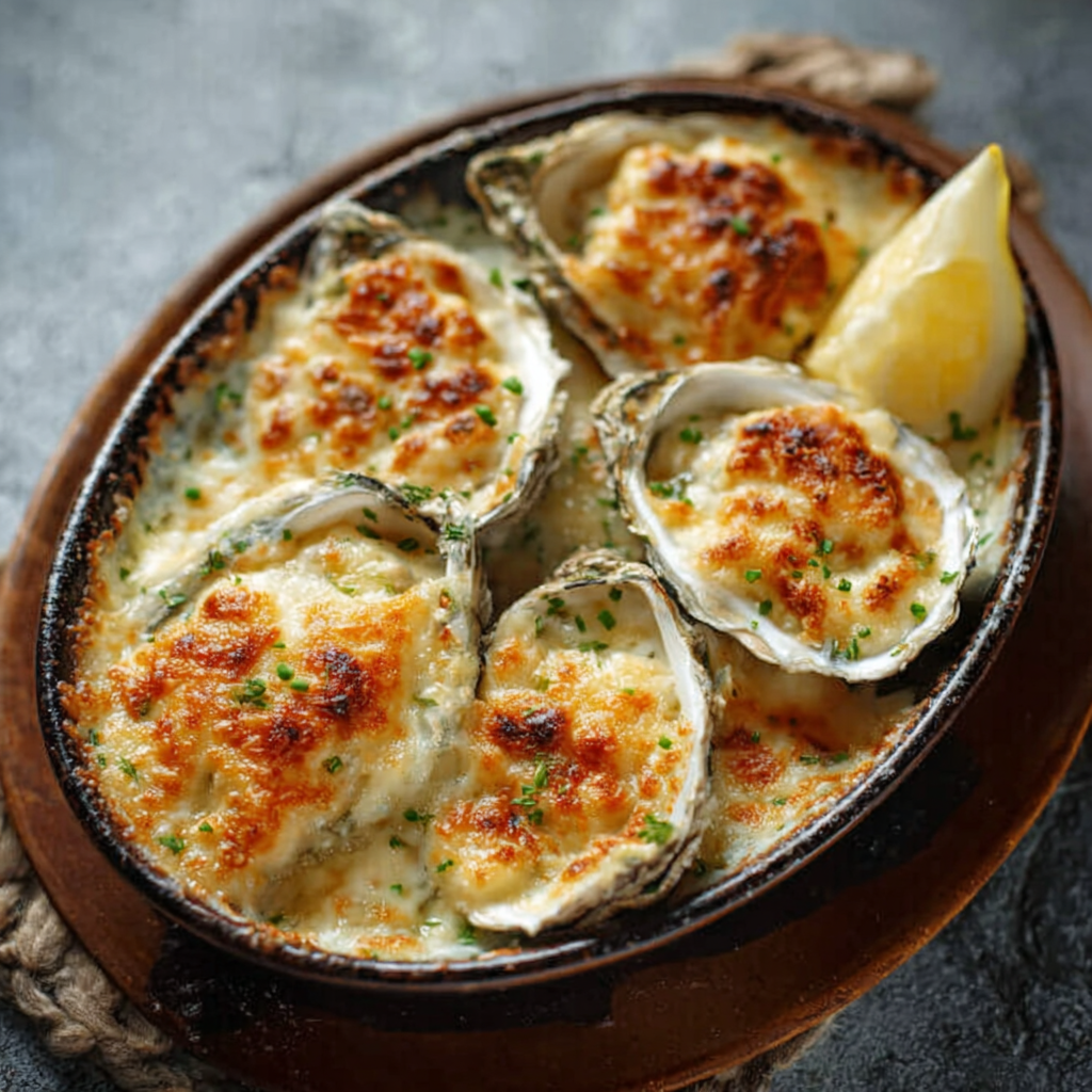 Huîtres gratinées au four, dorées et parsemées de persil