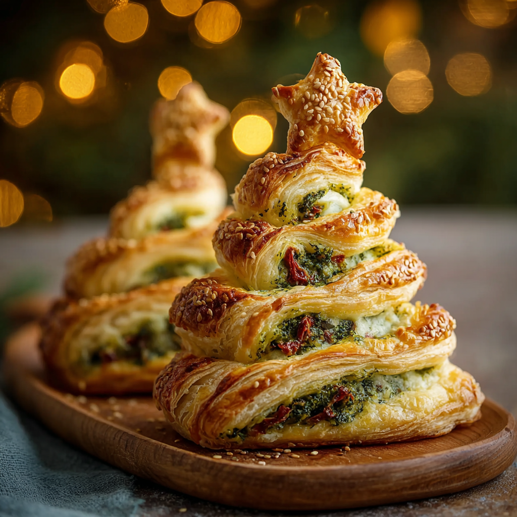 Golden baked puff pastry Christmas tree decorated with cheese stars