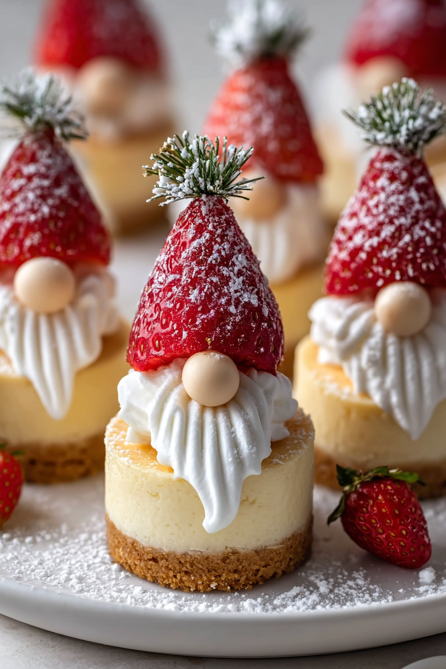 Gnome mini cheesecakes on a white platter