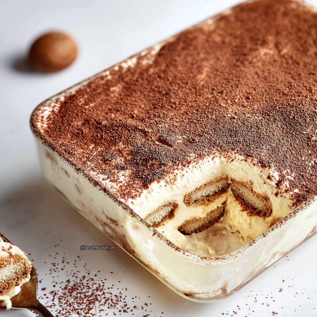Gingerbread Tiramisu layered in a square baking dish