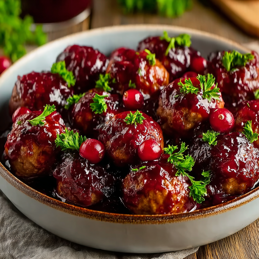 Festive serving bowl of cranberry-glazed meatballs