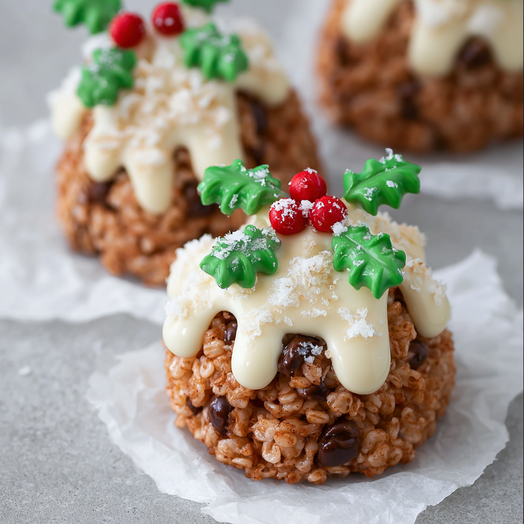Close-up of a decorated Rice Krispie Christmas Pud with holly decoration