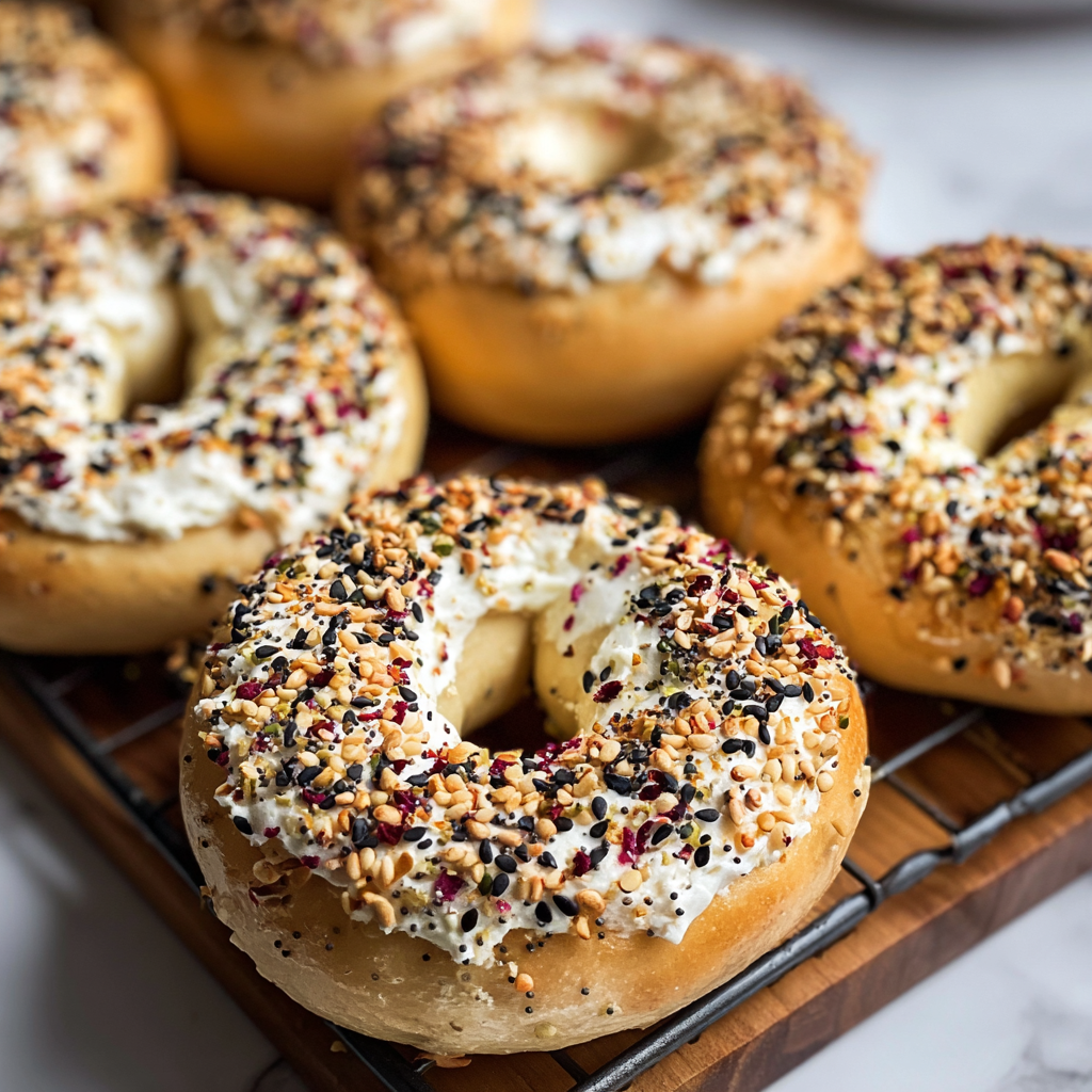 Golden Greek yogurt bagels cooling on a rack