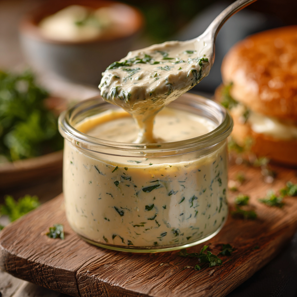 Creamy smash burger sauce in a small jar