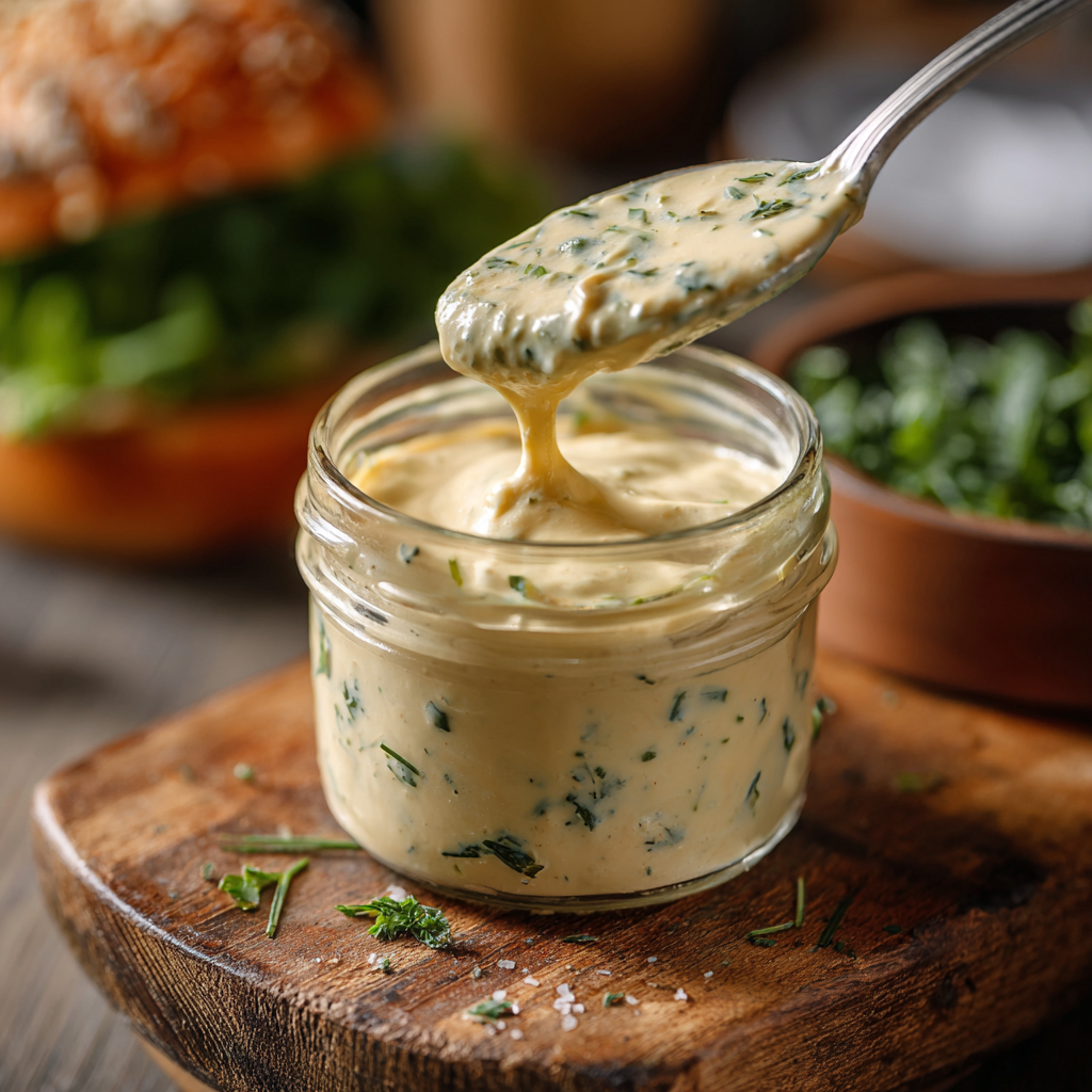 Smash burger topped with creamy sauce