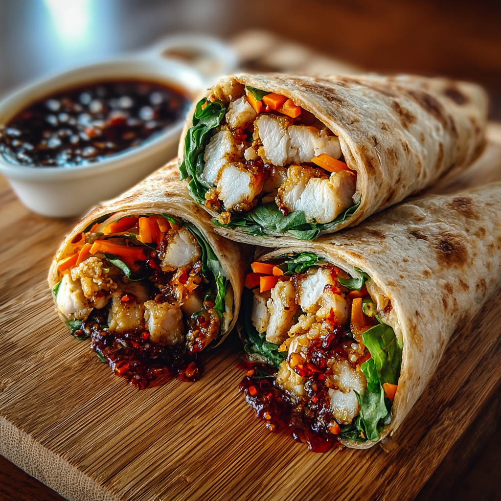 Sweet Chili Chicken Wraps assembled on a plate