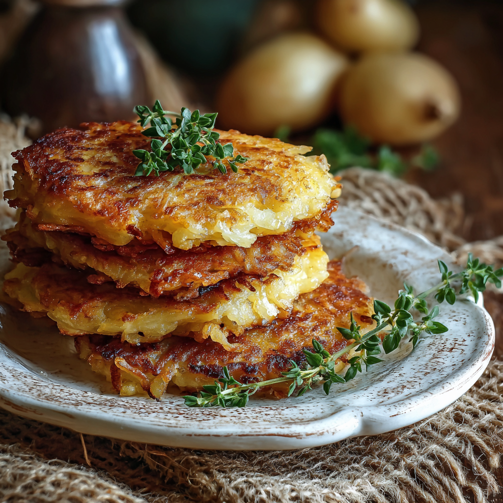 Plated potato pancakes topped with tomatoes and dill