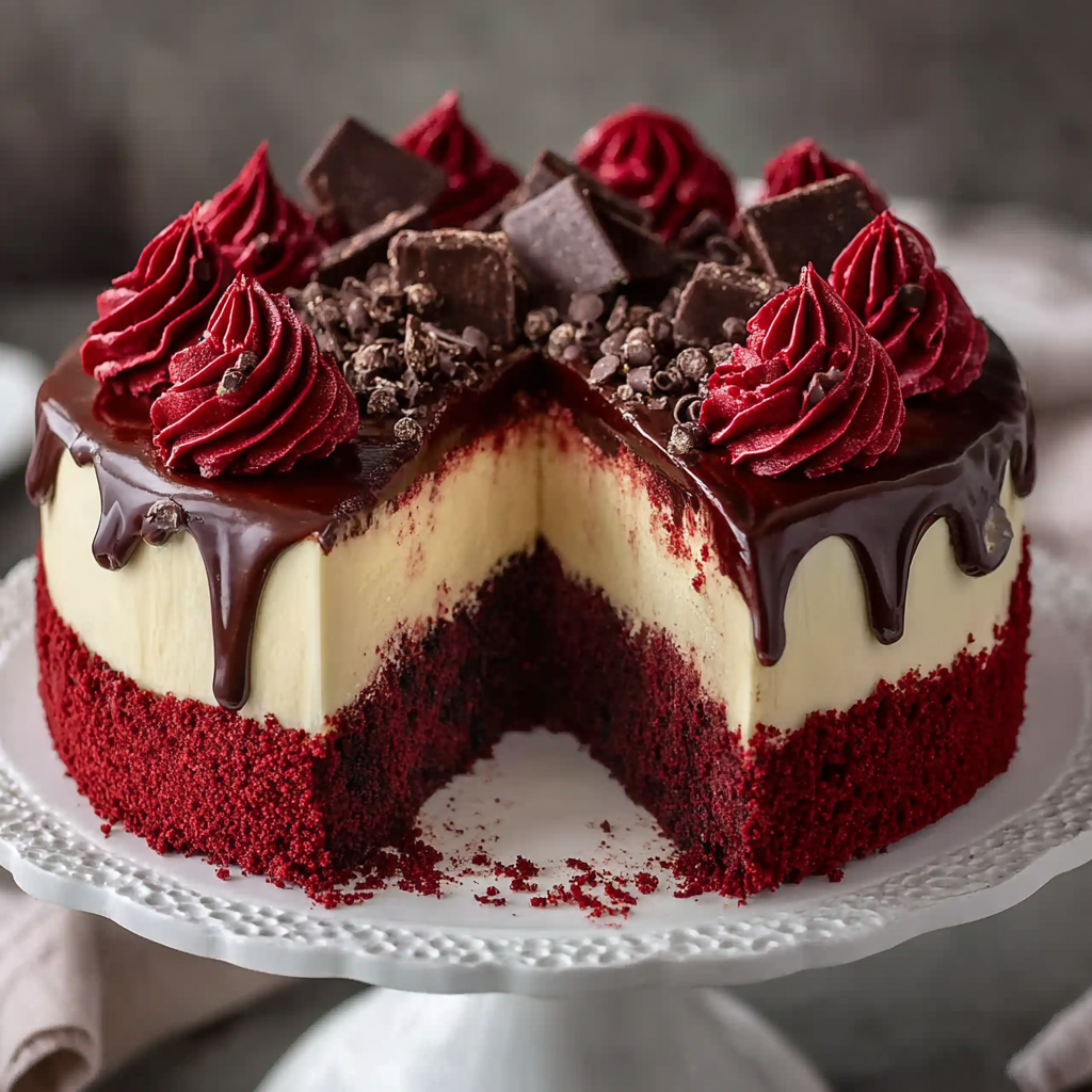 slice of red velvet cheesecake layer cake with berry glaze